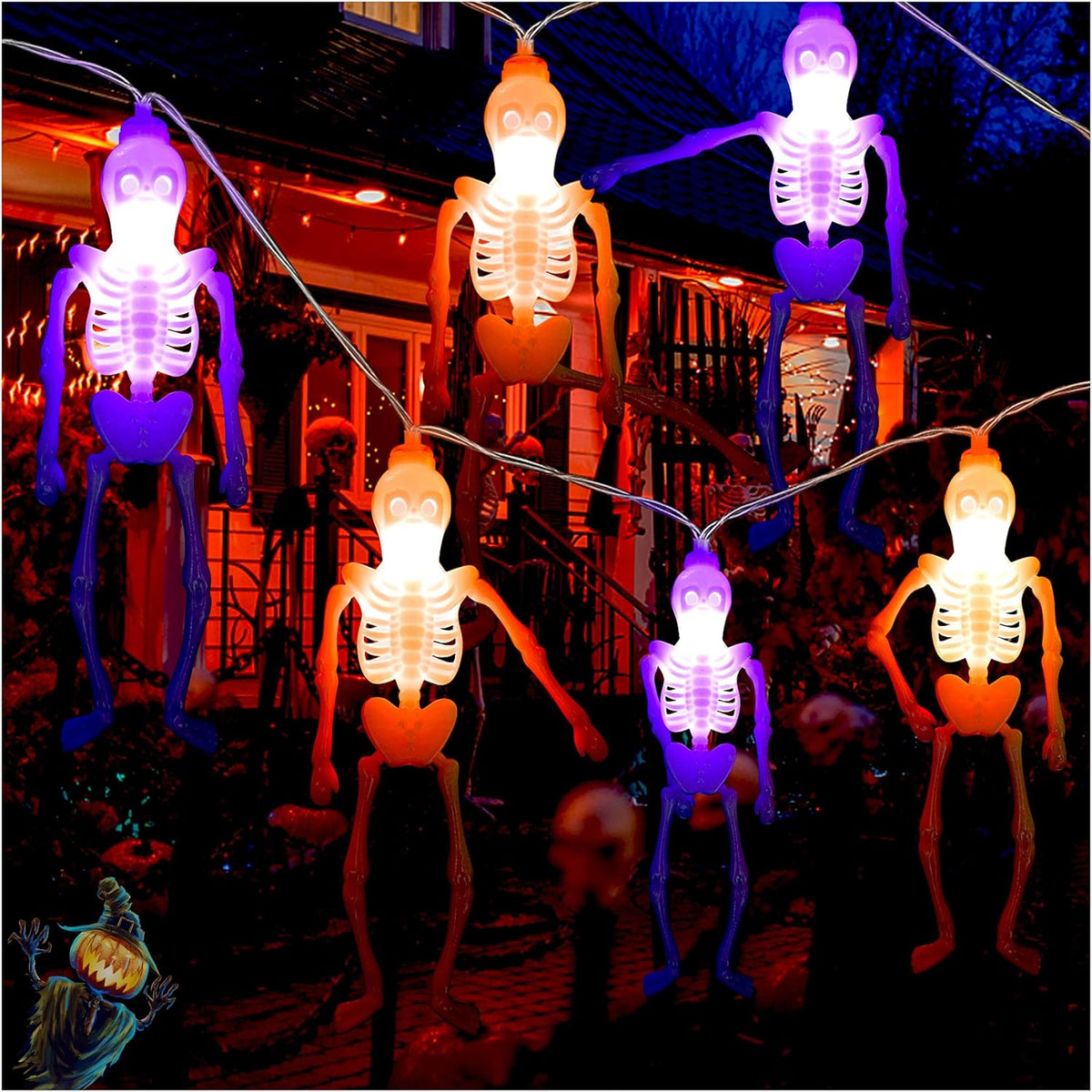 Halloween Decoration Lights, Each 20Pcs Skeleton (2-Pack), Battery Operated Halloween Decor 20 LED 10Ft , 2 Modes (Flash/Steady On) Skeleton Light for Home Room Outdoor Decorations Orange and Purple