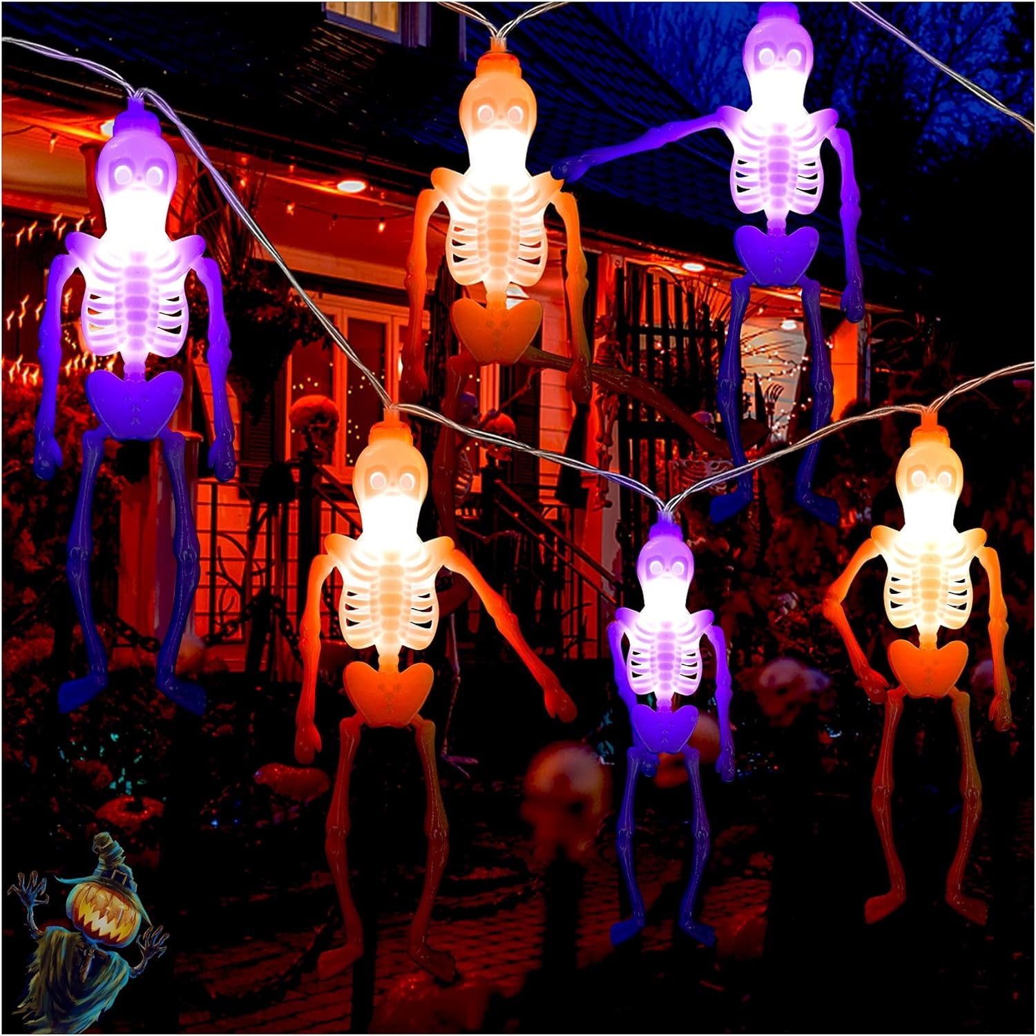 Halloween Decoration Lights, Each 20Pcs Skeleton (2-Pack), Battery Operated Halloween Decor 20 LED 10Ft , 2 Modes (Flash/Steady On) Skeleton Light for Home Room Outdoor Decorations Orange and Purple