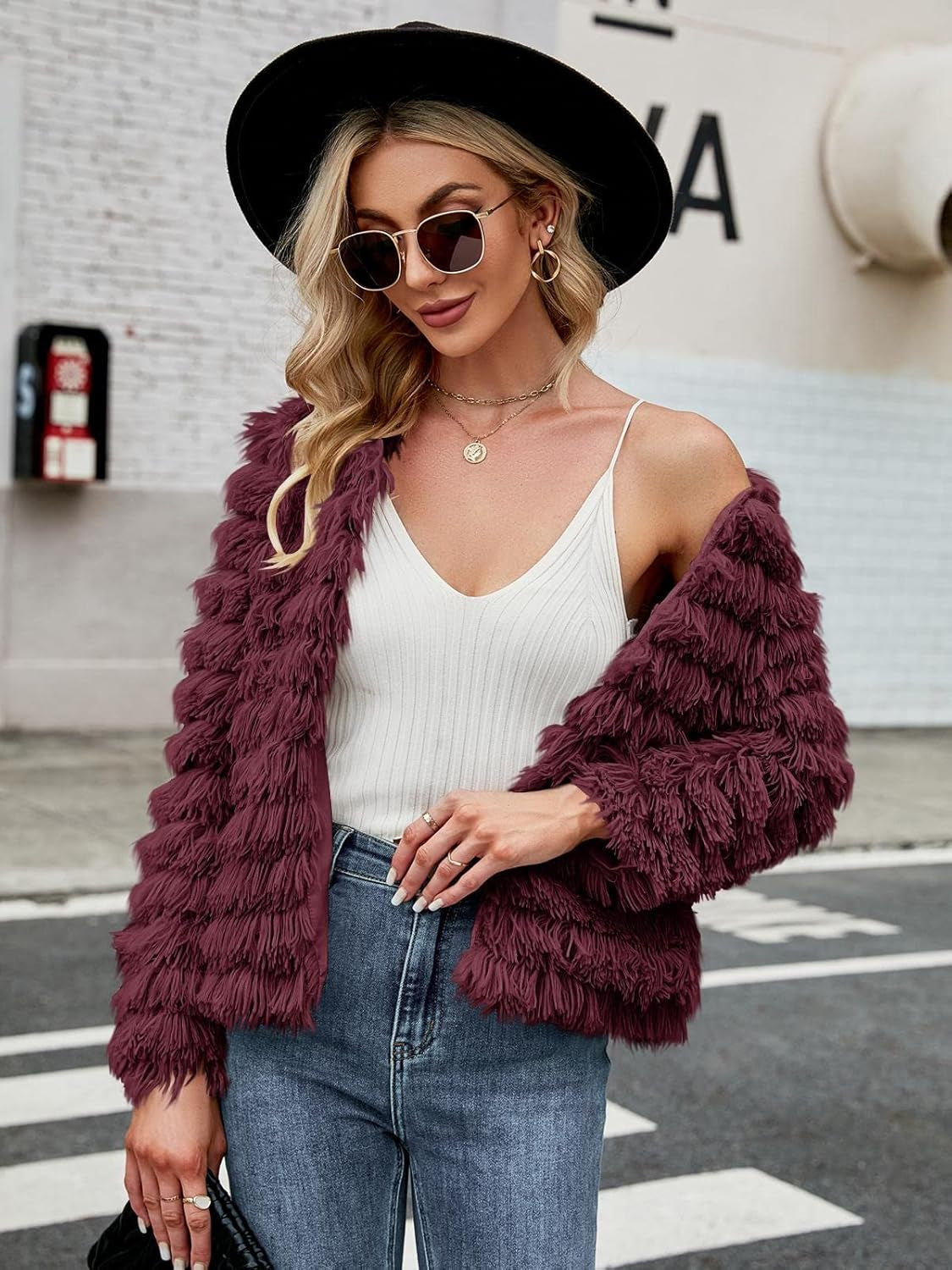 Womens Fall Open Front Cardigan Faux Fur Coat Vintage Parka Shaggy Jacket Warm Coat Tops