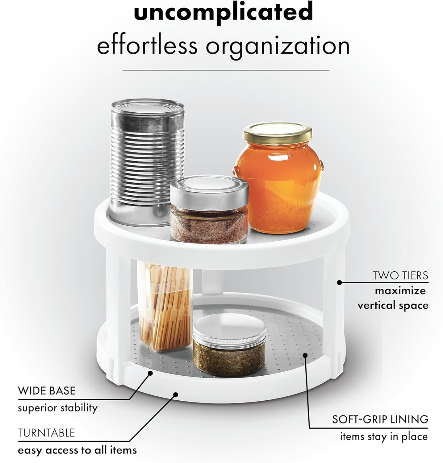 2-Tier Plastic Basic Turntable for Kitchen Organization, Nonslip Lazy Susan Cabinet Organizer with 2 Levels, White