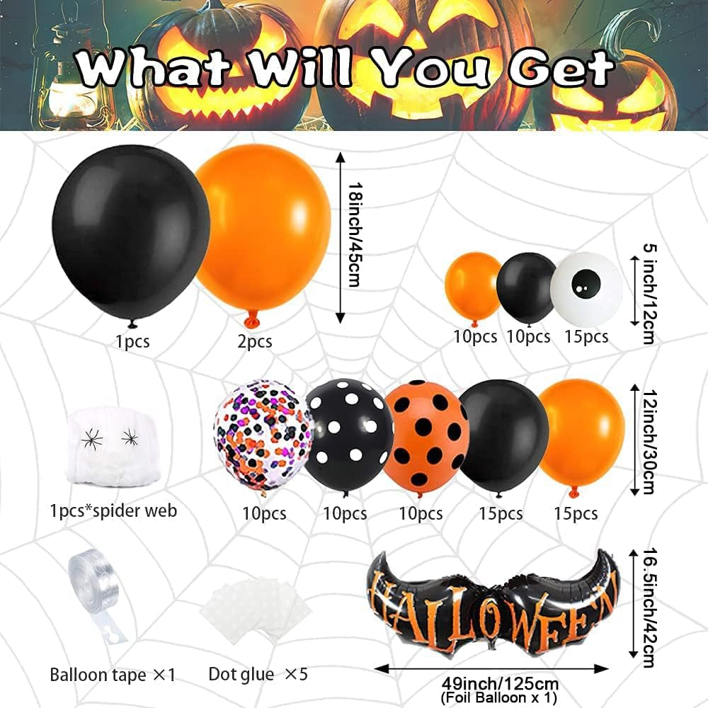 Halloween Balloon Garland Arch Kit, 102 Pieces Black Orange Confetti Balloons Eye Balloon with Spider Webs for Halloween Party Decorations…