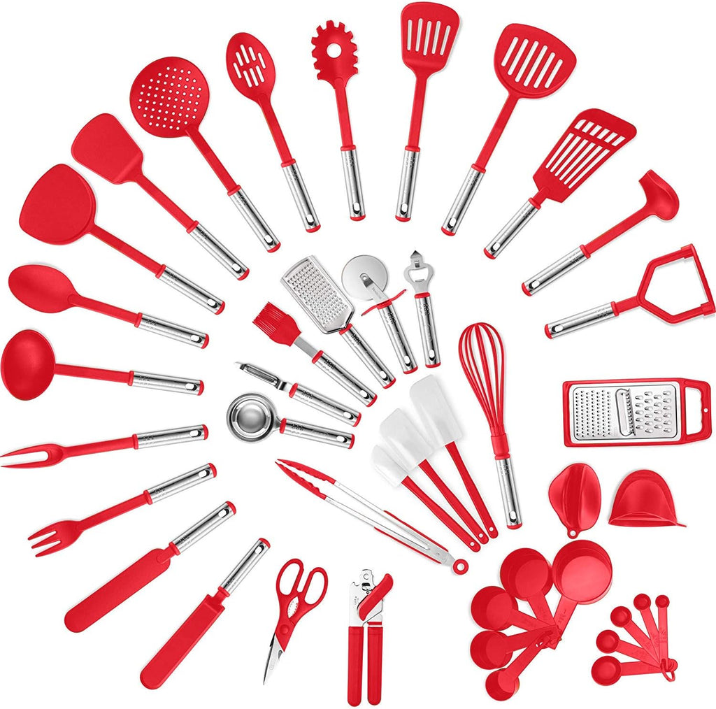 Klee Deluxe 42-Piece Heat-Resistant Stainless Steel and Nylon Kitchen Utensils Set (Red)