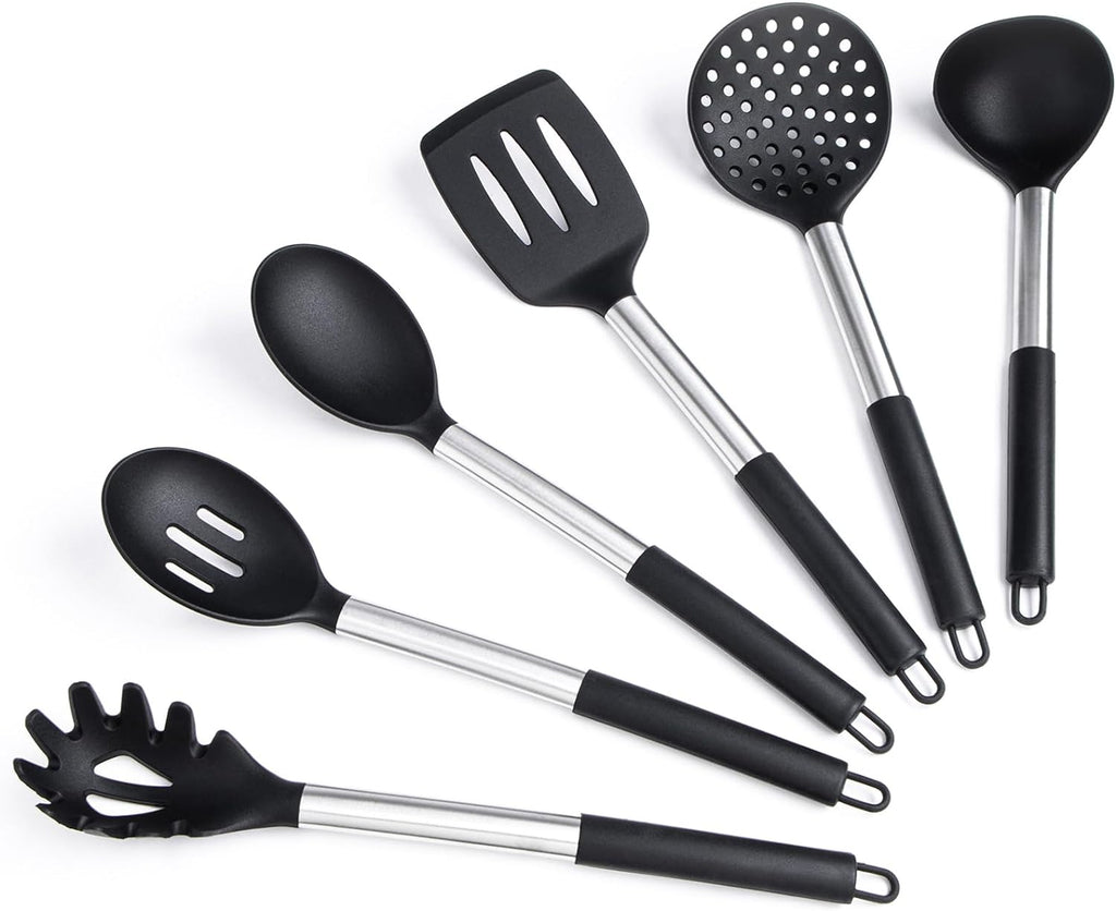 Silicone Kitchen Utensils Set -  6-Pieces Black Silicone Cooking Utensils Set for Nonstick Cookware - Stainless Steel Handle