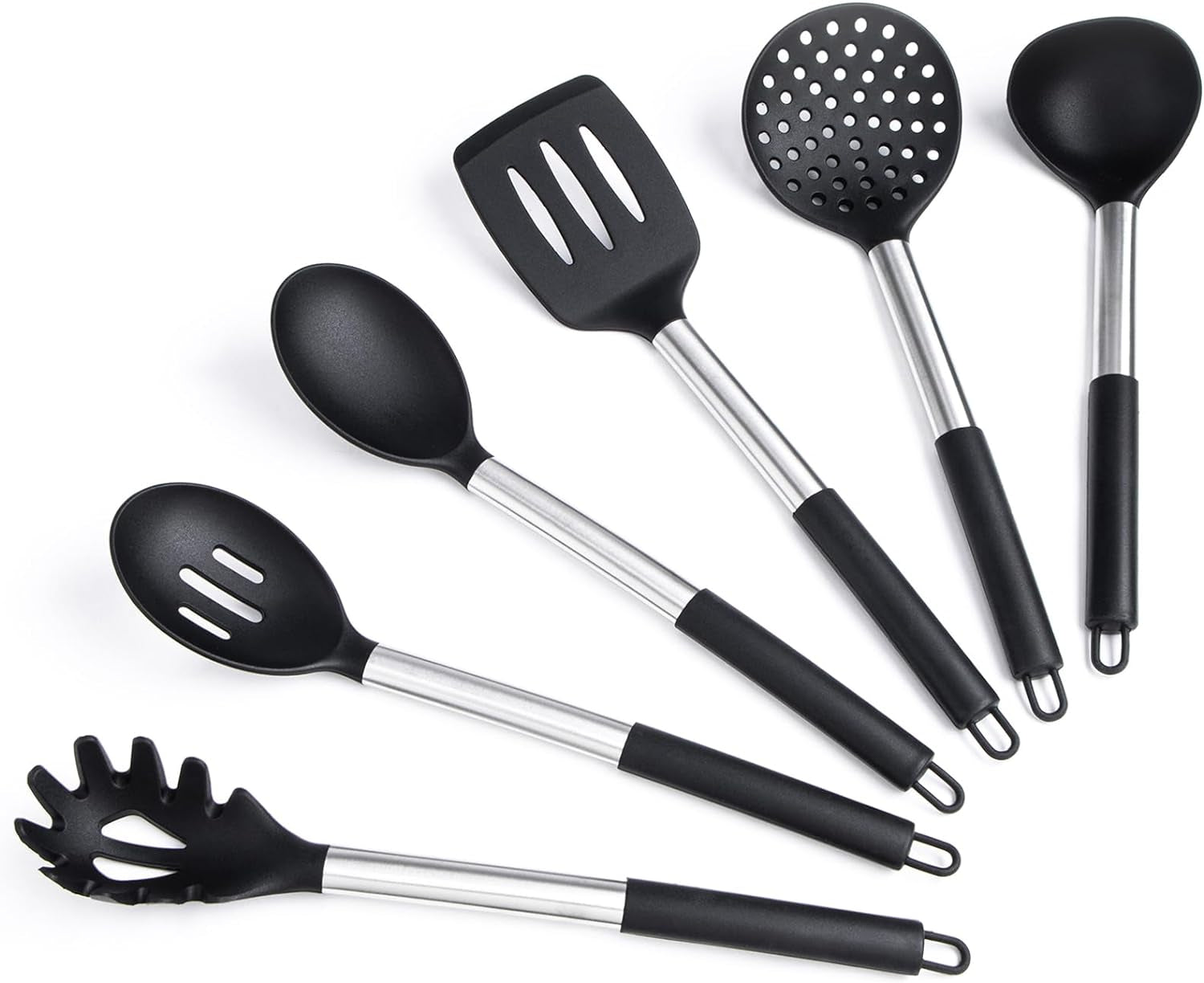 Silicone Kitchen Utensils Set -  6-Pieces Black Silicone Cooking Utensils Set for Nonstick Cookware - Stainless Steel Handle