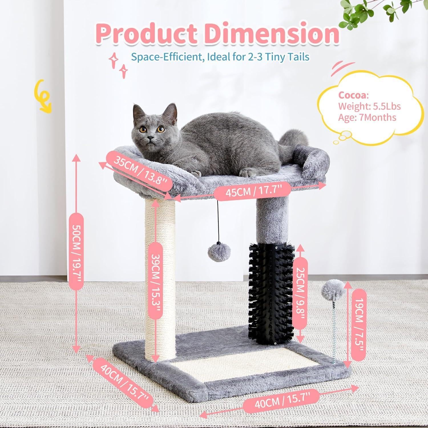 Small 4-In-1 Cat Tree Tower with Self-Grooming Brush and Natural Sisal Scratching Post, Soft Plush Cat Bed and Hanging Ball, Suitable for Indoor Kittens