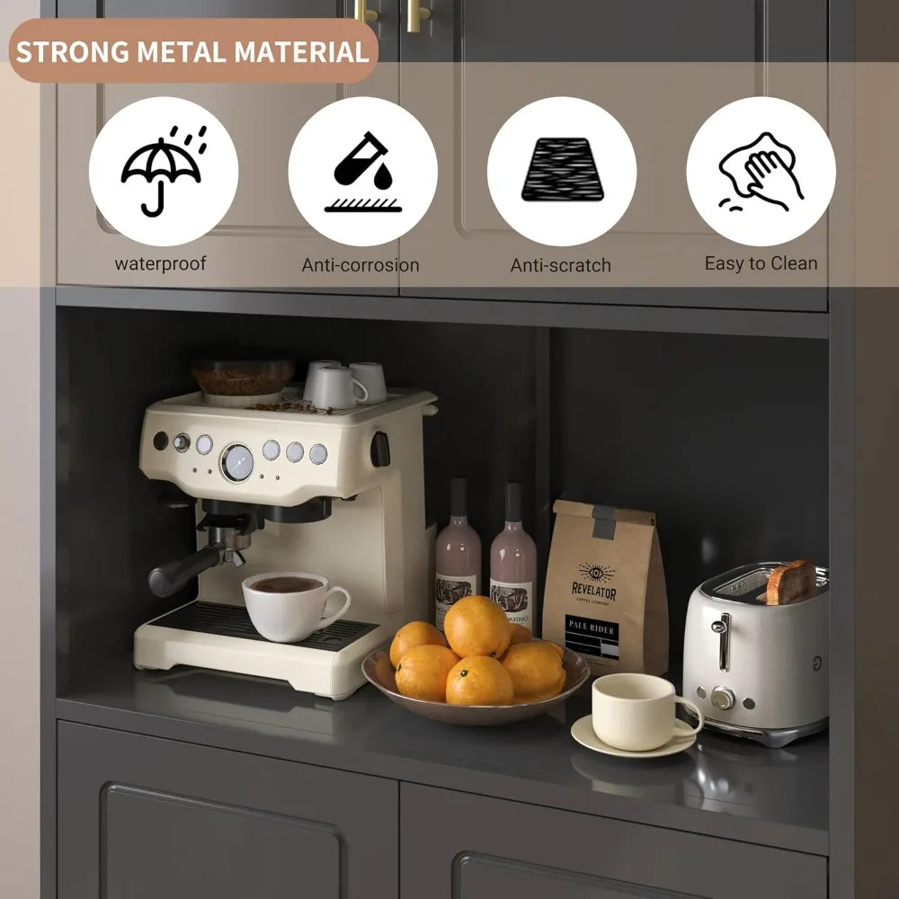 Kitchen Pantry Cabinet, 75" H Kitchen Hutch with Microwave Stand, Food Cupboard with Countertop, Metal Storage Cabinet with Door