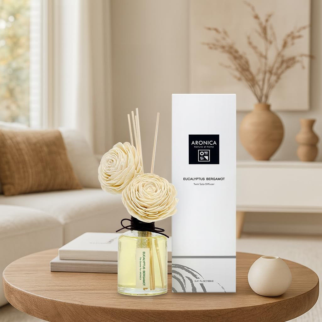 Twin Sola Diffuser 160Ml_Eucalyptus and Bergamot Scent Sticks, Premium Organic Essential Oil Reed Diffuser, Housewarming Wedding Registry Essentials Bedroom Gifts