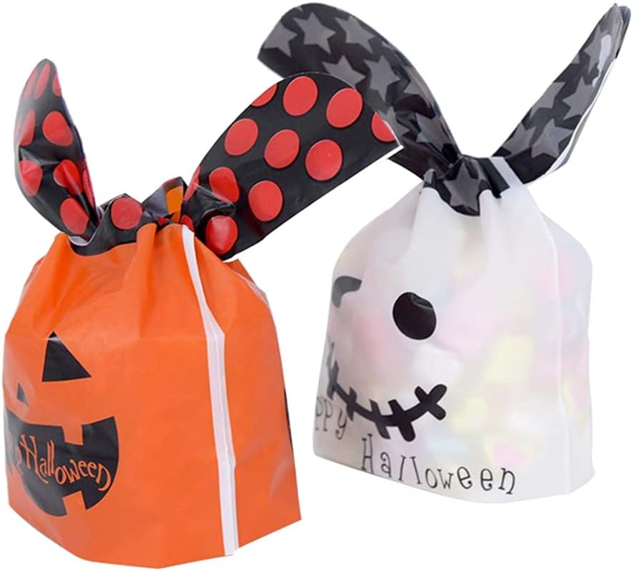 50 Pcs Halloween Candy Bag,Trick or Treat Bags Gift Basket for Kids,Pumpkin Ghost Happy Halloween Cookies Plastic Candy Bags for Halloween Party Decoration Favors
