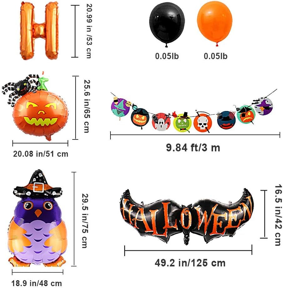 Halloween Party Decorations Include Happy Halloween Banner, Skeleton Pattern Bunting, Latex Balloons, Aluminum Foil Balloons, Bat Pumpkin Spider and Owl Wizard (47Pcs)