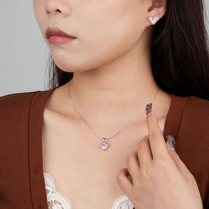 White Gold Pink Heart Earrings