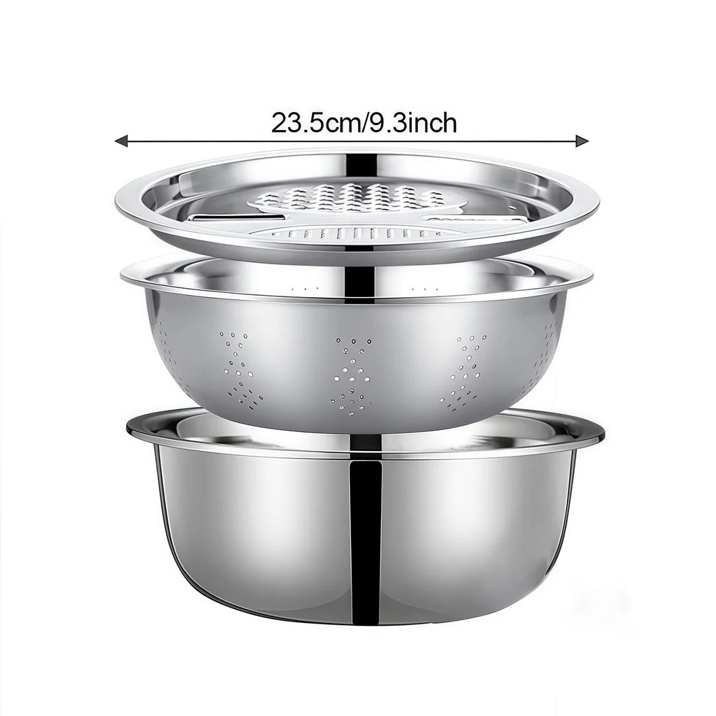 Stainless Steel 3-In-1 Vegetable Strainer Slicer Cutter Graters Drain Basket Salad Maker Bowl Kitchen Accessory Tool
