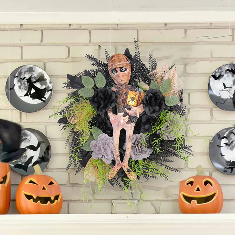 Halloween Mummy Wreath Window Hanging Ornament Spooky Halloween Scary Mummy Welcome Wreath Sign for Halloween Decorations