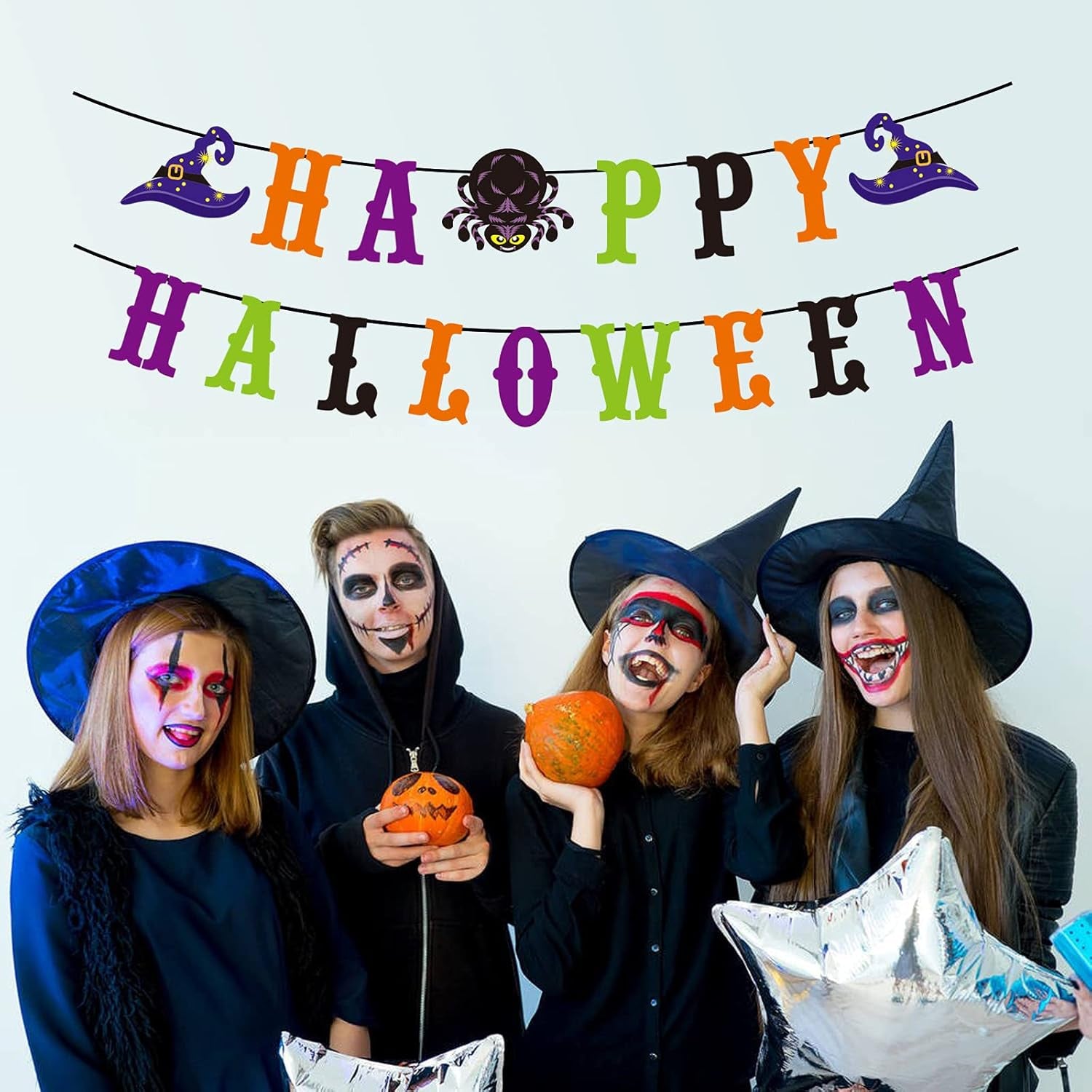 Happy Halloween Banner with Witch Spider Sign Halloween Party Decorations for Haunted Houses Doorways Home Outdoor Indoor Party Decor