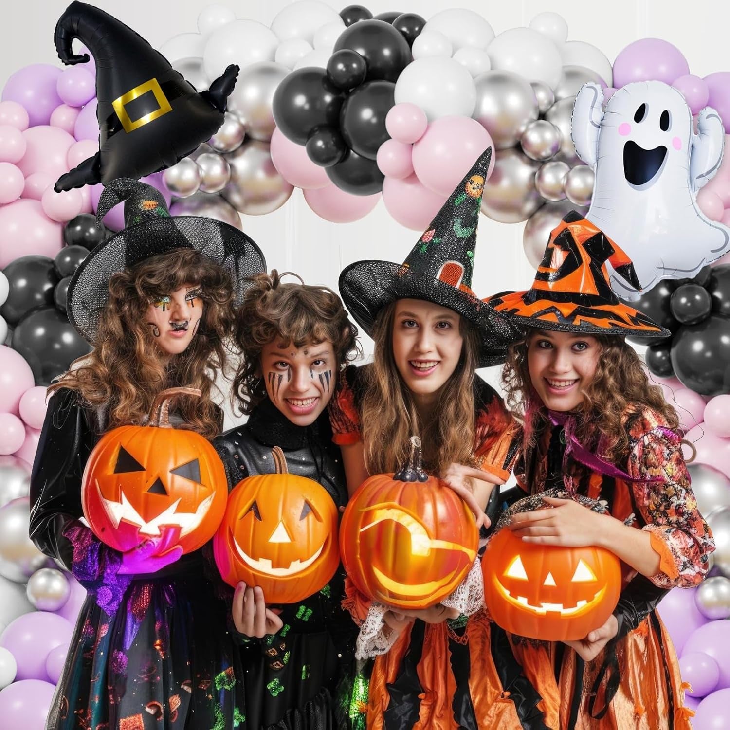 Pink Halloween Balloon Garland Arch Kit, 176Pcs Pink Purple Decor with Ghost Spooky Starburst Foil Balloons, Bat Stickers for Birthday Baby Shower Party Decorations for Girls