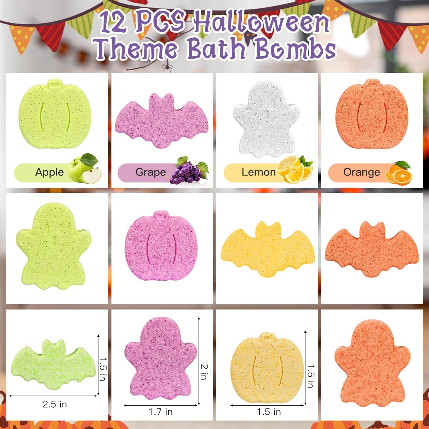 Halloween Bath Bombs - 12Pcs Natural Organic Bubble Bath with Spooky Pumpkin Bat for Kids, Party Favors and Goodie Bag Fillers