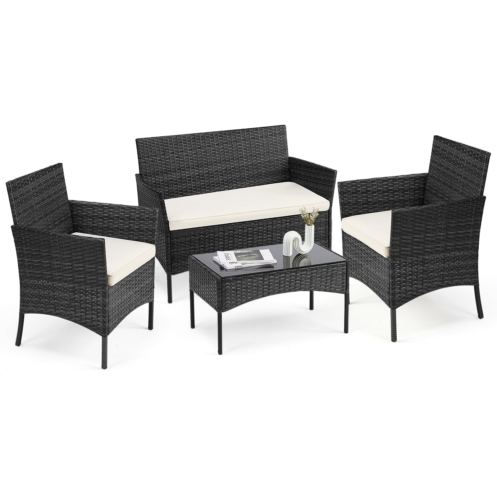 Patio Furniture Set 4 Pieces, Outdoor Furniture with Glass Table, Weaving Wicker Rattan Patio Chairs for Garden, Terrace, Porch, Lawns