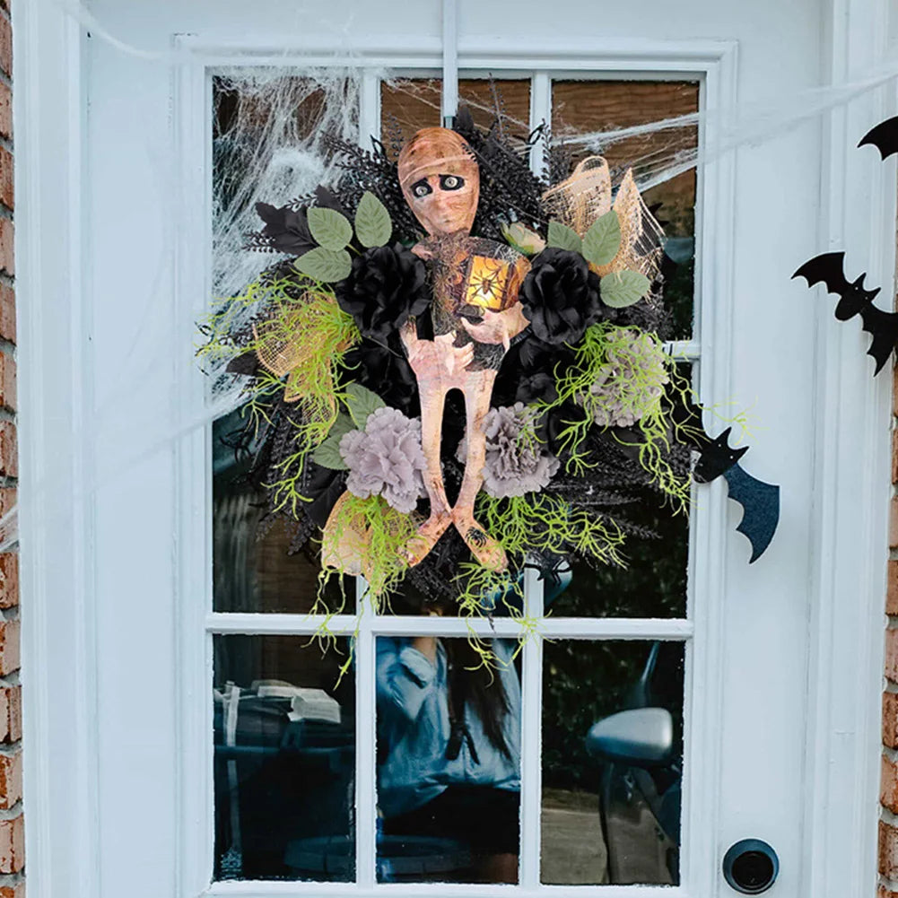 Halloween Mummy Wreath Window Hanging Ornament Spooky Halloween Scary Mummy Welcome Wreath Sign for Halloween Decorations