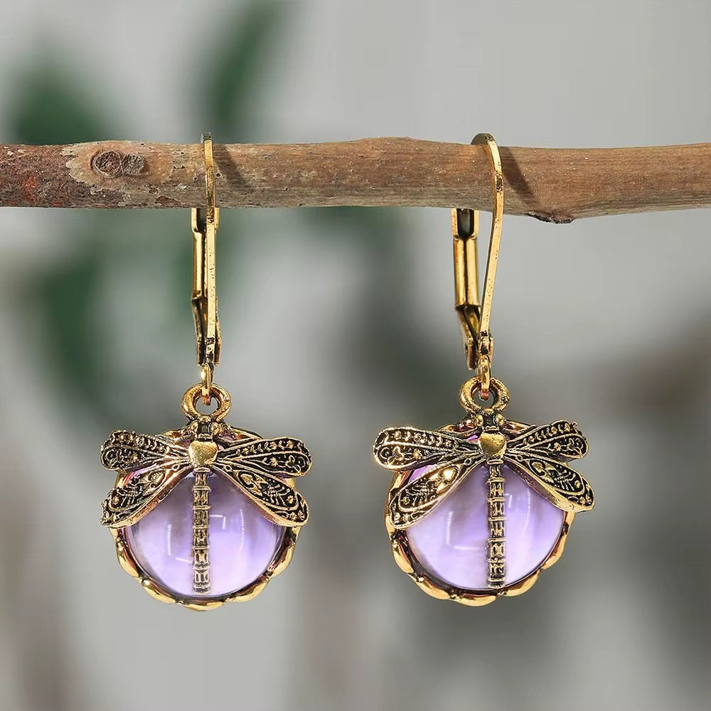 Metal Dragonfly Pendant Earrings Creative Carving Pattern Vintage Drop Earrings Inlaid Moonstone Drop Earrings Women