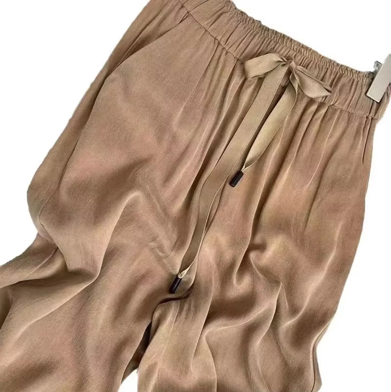Acetic Acid Ice Silk Wide Leg Pants 2025 New Summer Thin Satin Casual Pants Women'S High Waisted Straight Leg Pants Long Trouser