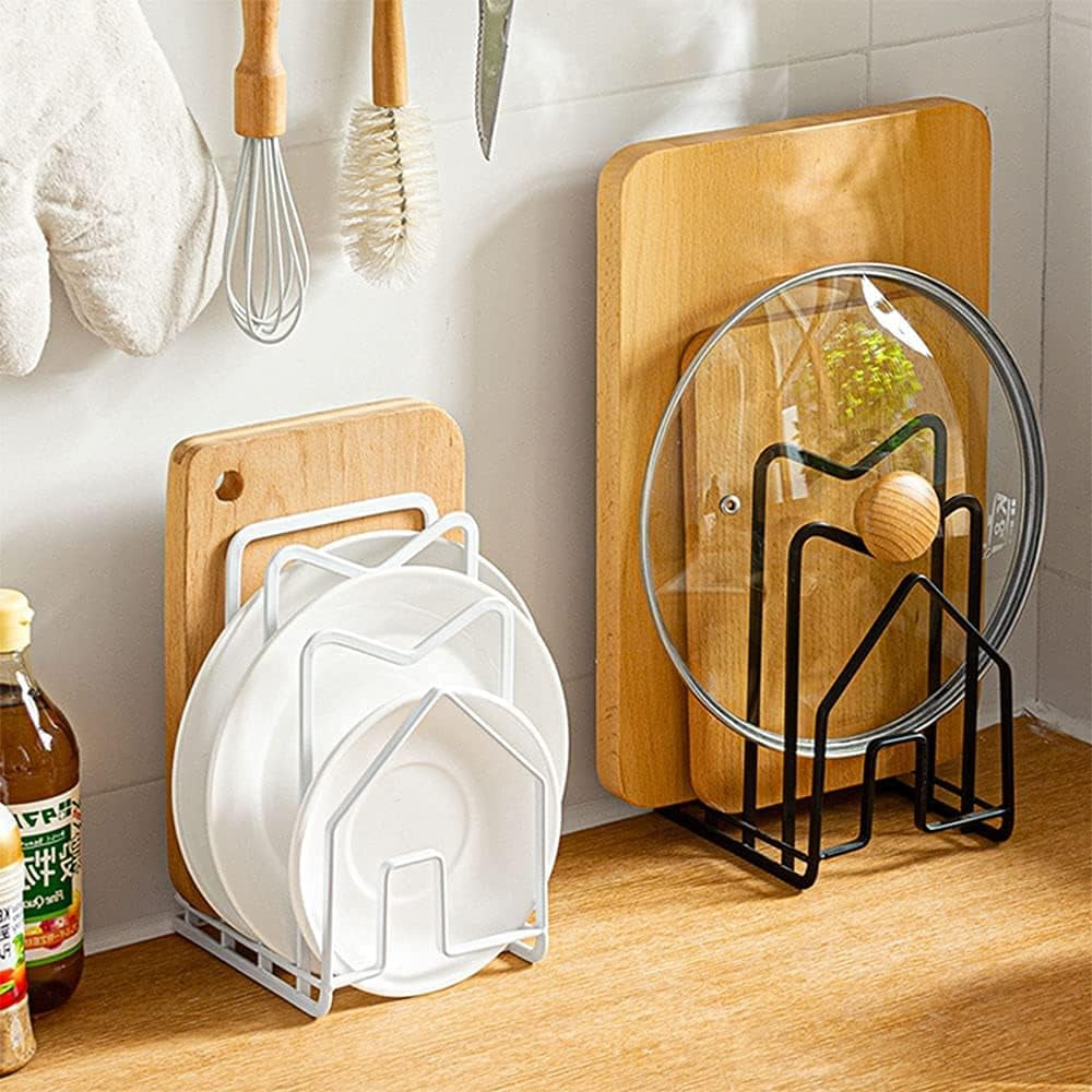 Cutting Board Holder Chopping Board Stand Rack W 2 Adhesive Hooks Pot Pan Lids Holder Kitchen Countertop Organizer Rack Black
