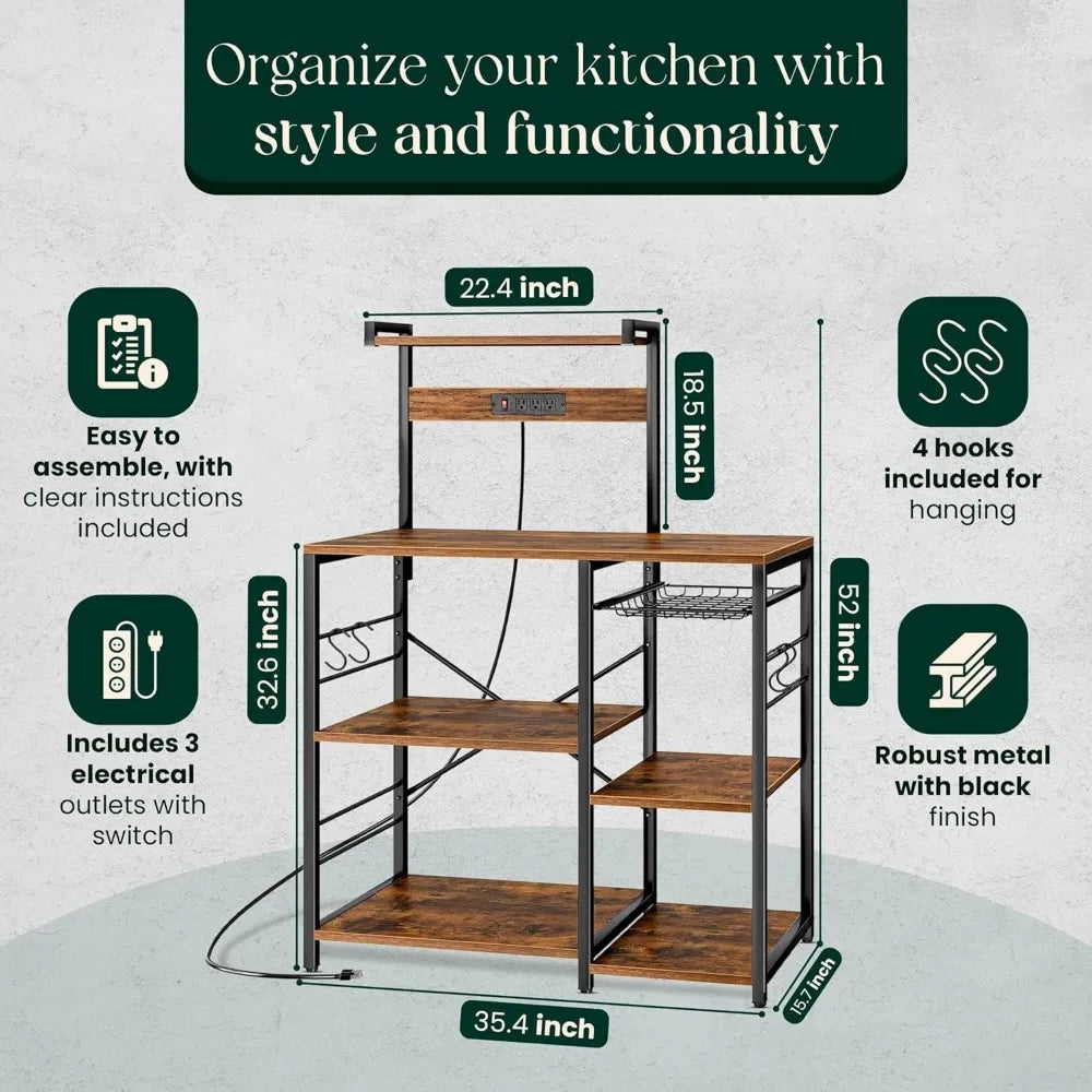 Kitchen Bakers Rack with Power Outlet & Hangers - 35.5X15.7X51.6 Kitchen Storage Rack Useful as Microwave Stand, Coffee Station