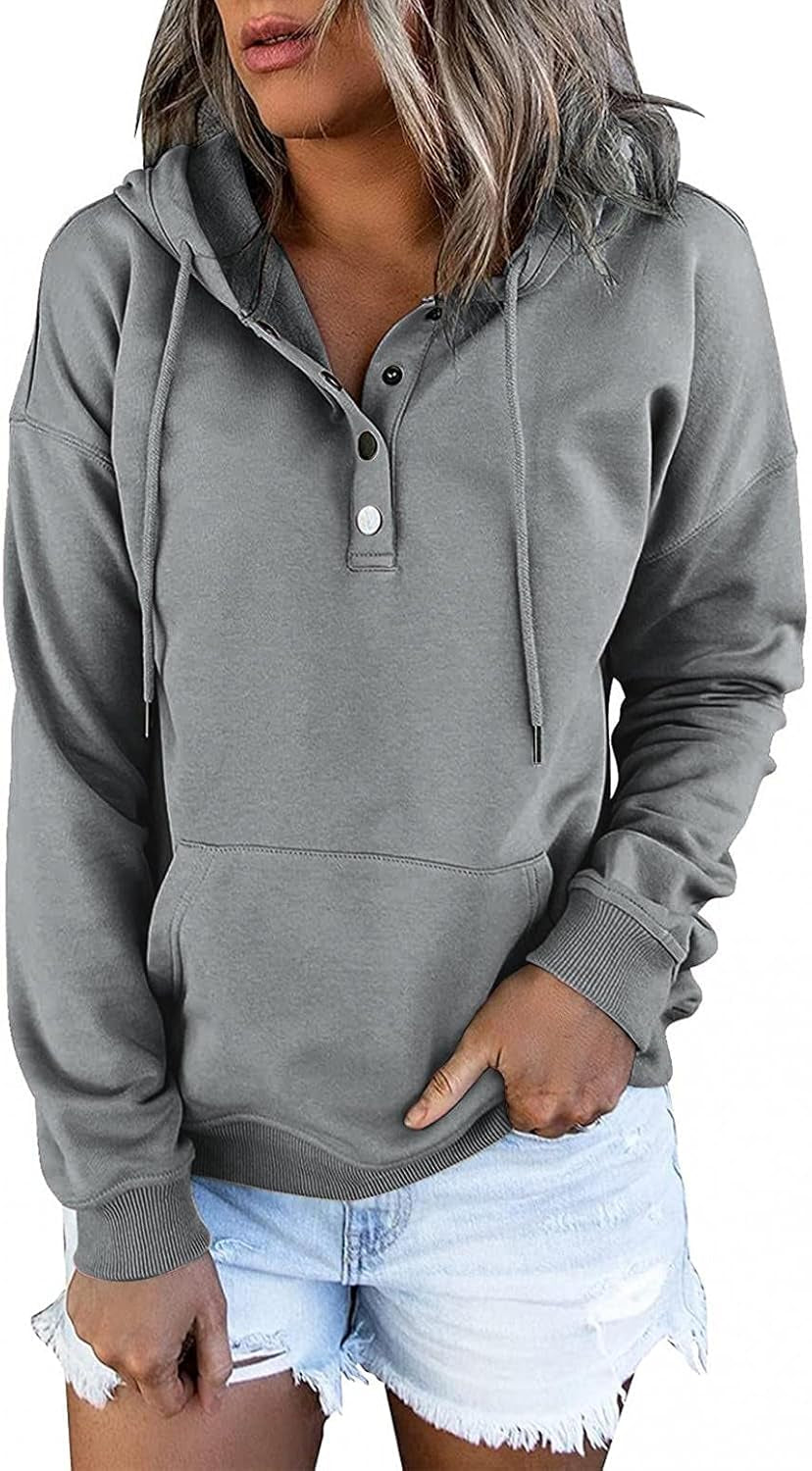 Hoodies for Women Pullover Graphic, Womens Sweatshirt with Pockets Solid Color Casual Long Sleeve Drawstring Pullover Tops Blouse Fall Gray