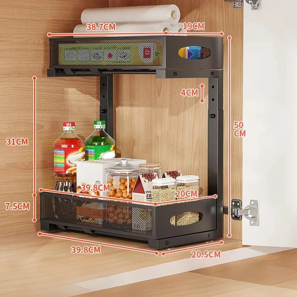 2 Layers Carbon Steel under Sink Storage Pull-Out Drawer Shelf Double-Layer Adjustable under Sink Storage Rack for Layered