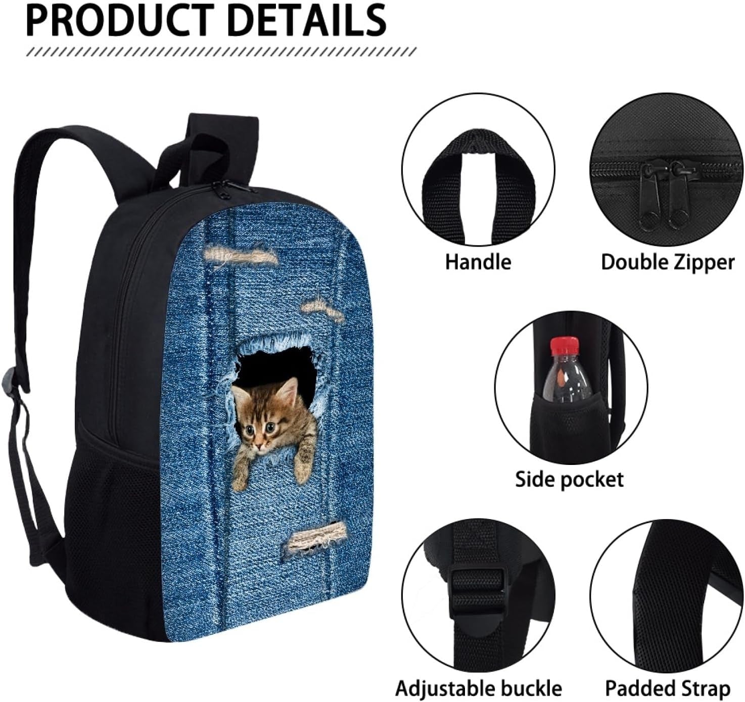 Cute Cats Design Large Capacity Backpack for Primary Students,Durable School Bag with Zipper for Boy Girls,Outdoor Travel Storage Bags