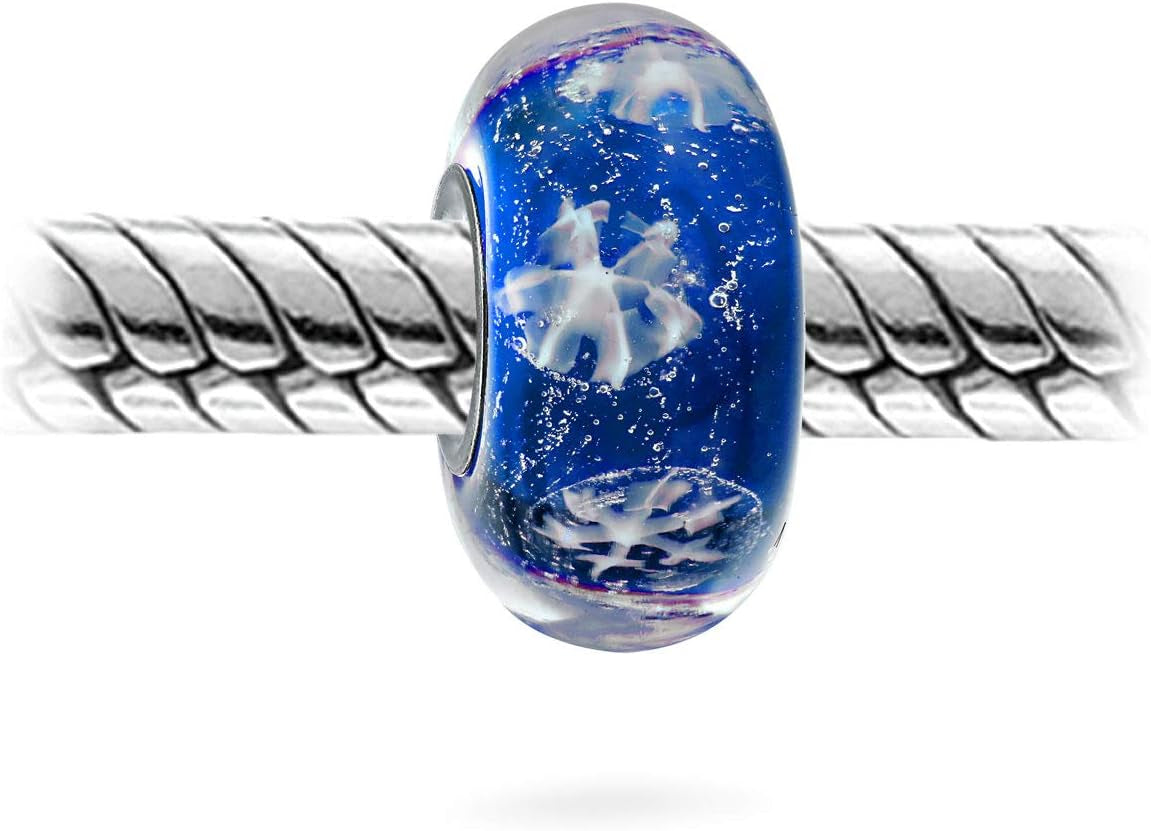 Royal Blue Snowflake Murano Glass 925 Sterling Silver Core Spacer Bead Fits European Charm Bracelet for Women for Teen