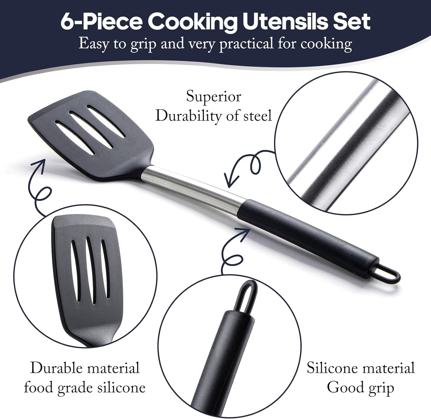 Silicone Kitchen Utensils Set -  6-Pieces Black Silicone Cooking Utensils Set for Nonstick Cookware - Stainless Steel Handle