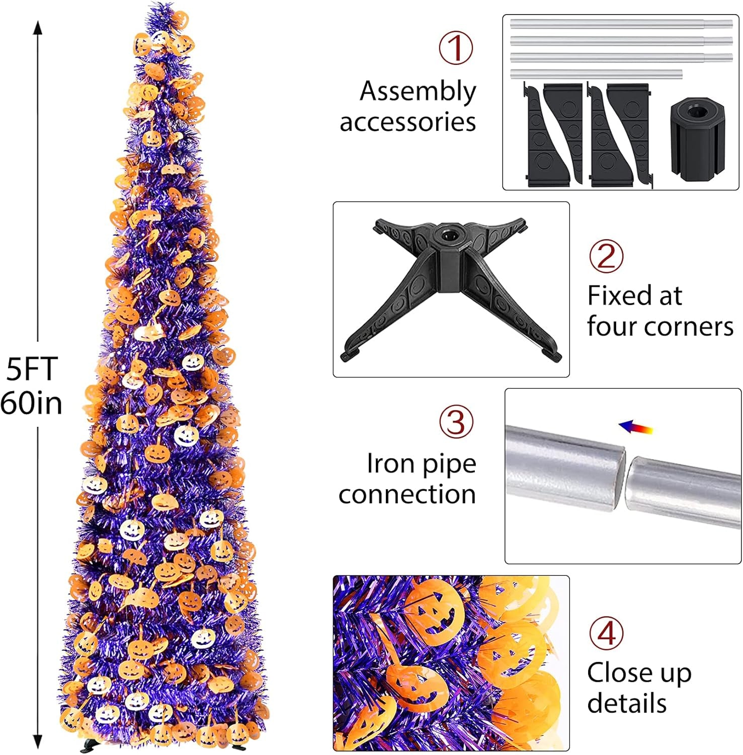 5' Purple Tinsel Pop-Up Artificial Halloween Christmas Tree, Decoracted Halloween Pumpkin Sequins,Collapsible Pencil Halloween Christmas Trees for Halloween Christmas Decoration