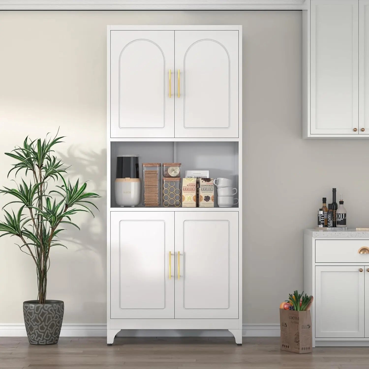Kitchen Pantry Cabinet, 75" H Kitchen Hutch with Microwave Stand, Food Cupboard with Countertop, Metal Storage Cabinet with Door
