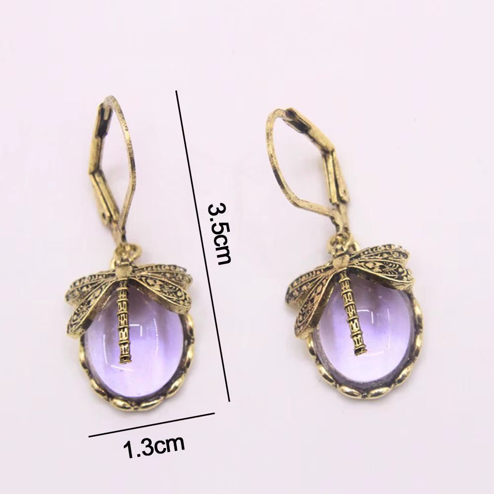 Metal Dragonfly Pendant Earrings Creative Carving Pattern Vintage Drop Earrings Inlaid Moonstone Drop Earrings Women