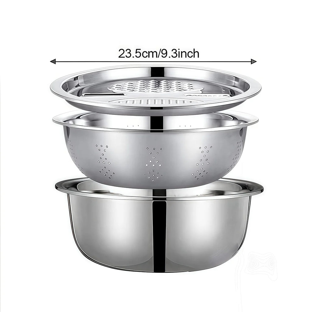 Stainless Steel 3-In-1 Vegetable Strainer Slicer Cutter Graters Drain Basket Salad Maker Bowl Kitchen Accessory Tool