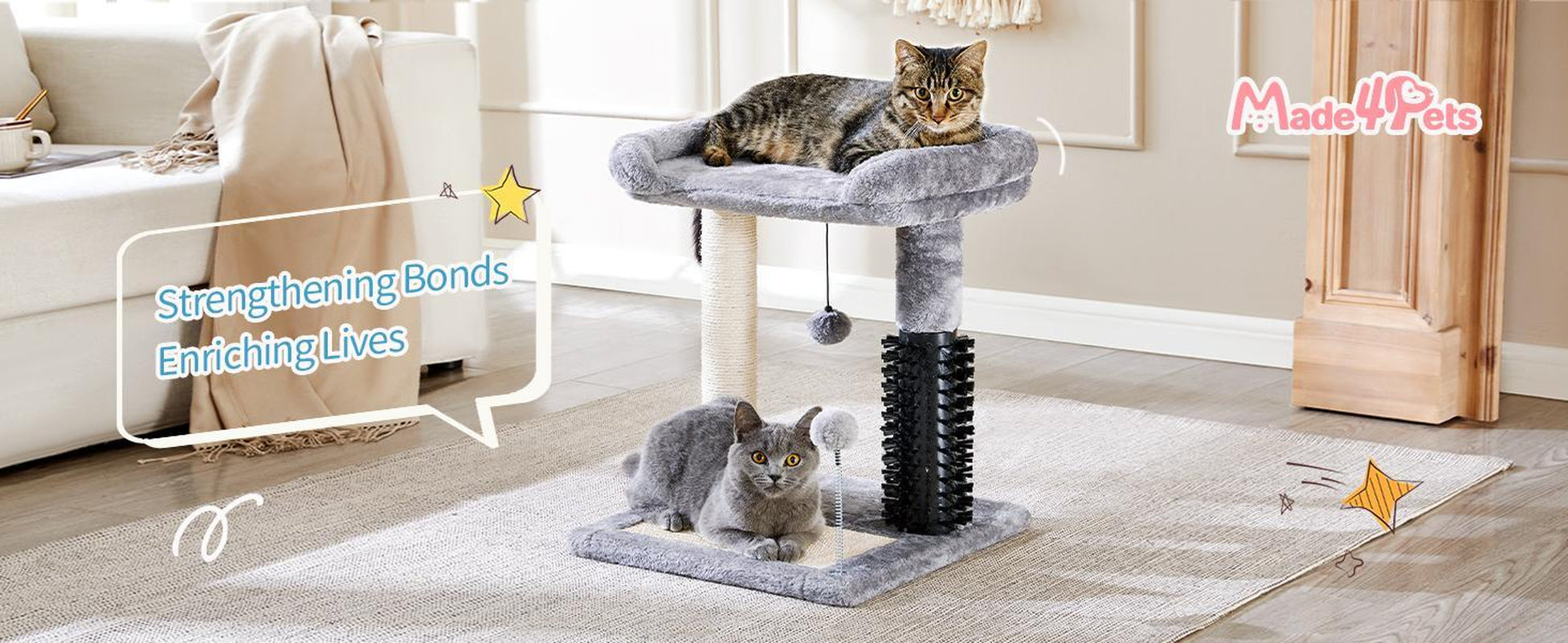 Small 4-In-1 Cat Tree Tower with Self-Grooming Brush and Natural Sisal Scratching Post, Soft Plush Cat Bed and Hanging Ball, Suitable for Indoor Kittens