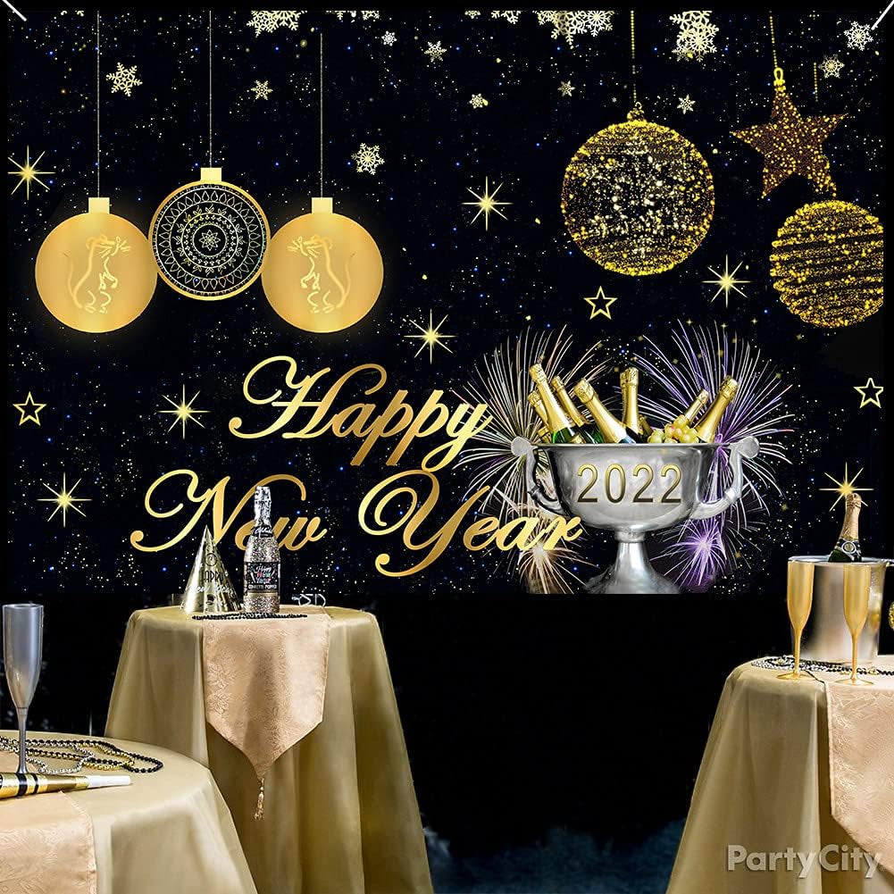 Happy New Year Party Backdrops Large Banner Decorations,New Year 2022 Parties Photoshoot Background, Black Gold Hanging Banner for Home Wall Outdoor Decor, Glitter Tablecloth for Party Favors