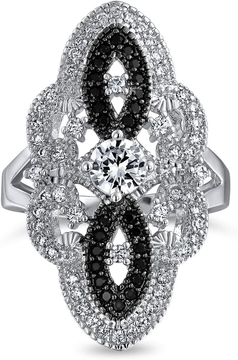 Art Deco Antique Boho Vintage Style Black White Blue Green Filigree Pave CZ Wide Heart Long Full Finger Fashion Statement Ring Cubic Zirconia for Women Rhodium Silver Plated Brass