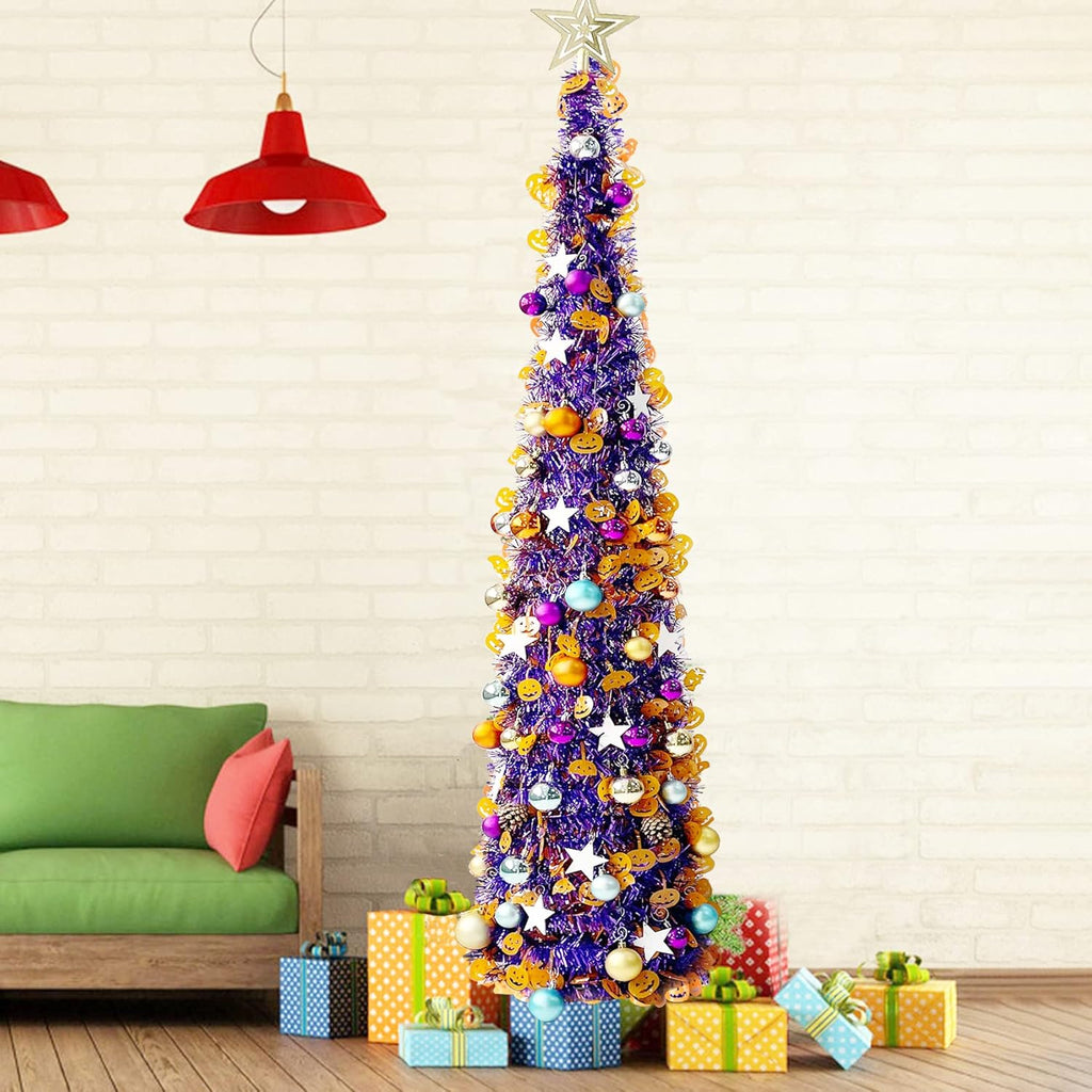 5' Purple Tinsel Pop-Up Artificial Halloween Christmas Tree, Decoracted Halloween Pumpkin Sequins,Collapsible Pencil Halloween Christmas Trees for Halloween Christmas Decoration