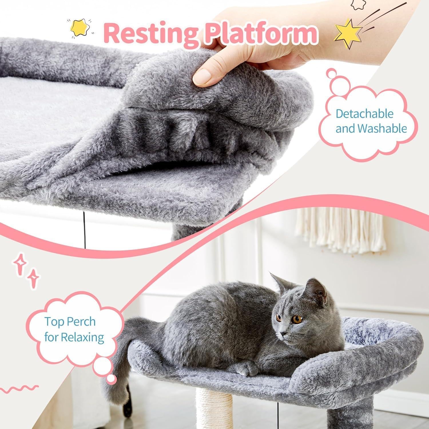 Small 4-In-1 Cat Tree Tower with Self-Grooming Brush and Natural Sisal Scratching Post, Soft Plush Cat Bed and Hanging Ball, Suitable for Indoor Kittens