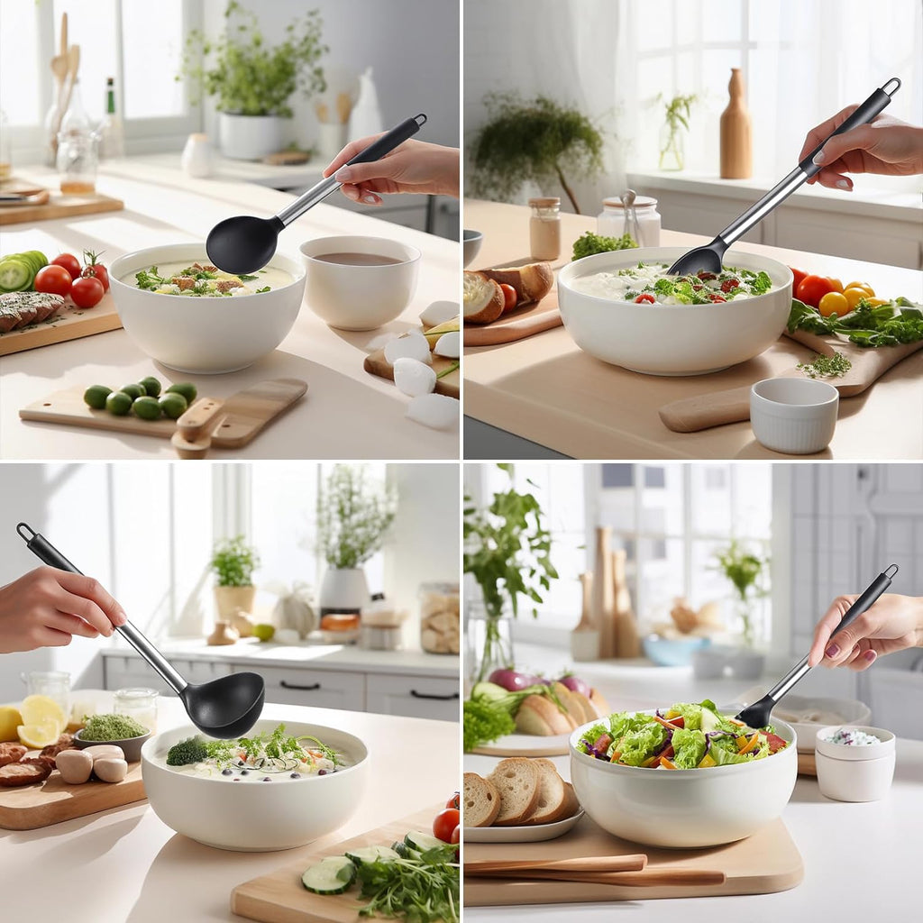 Silicone Kitchen Utensils Set -  6-Pieces Black Silicone Cooking Utensils Set for Nonstick Cookware - Stainless Steel Handle