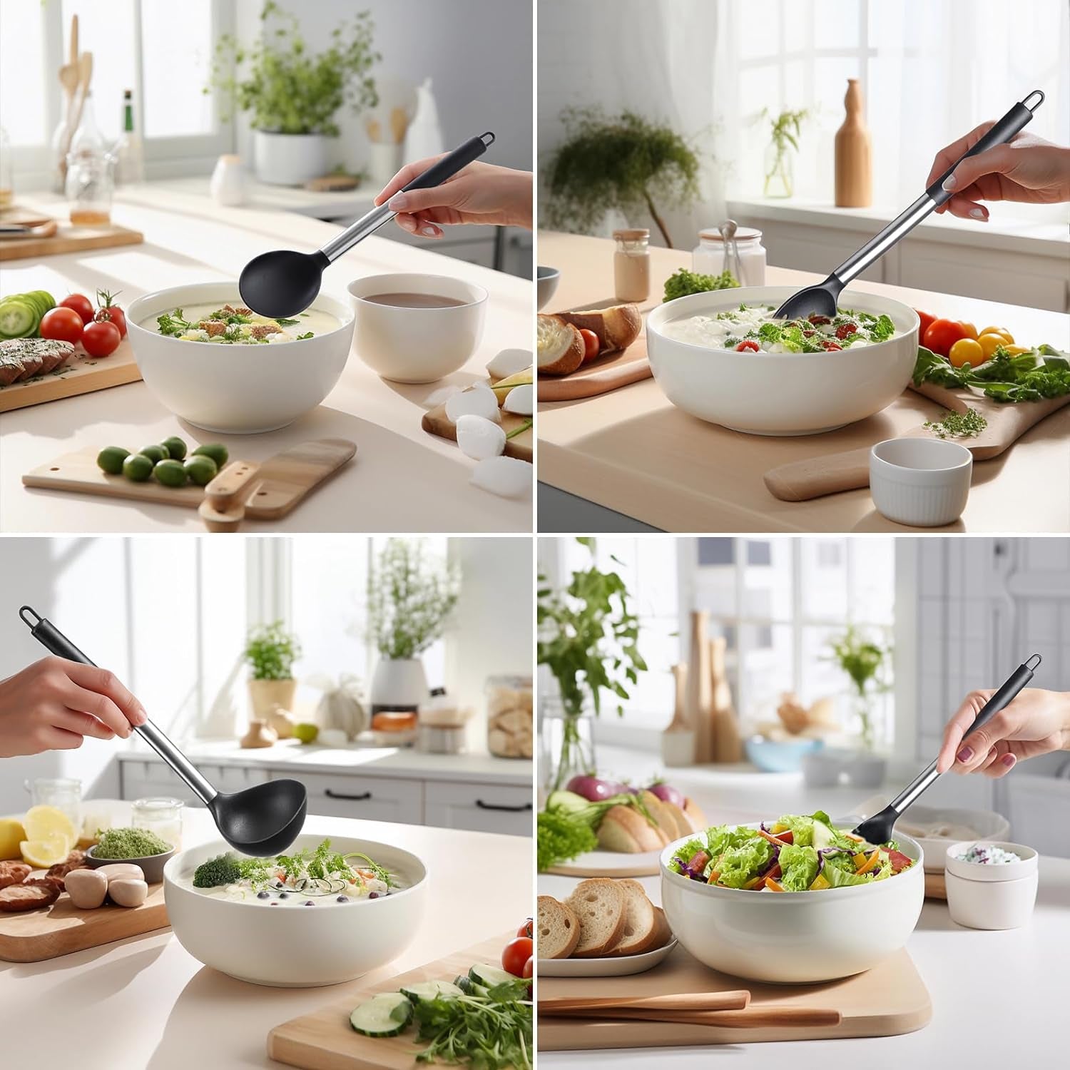 Silicone Kitchen Utensils Set -  6-Pieces Black Silicone Cooking Utensils Set for Nonstick Cookware - Stainless Steel Handle