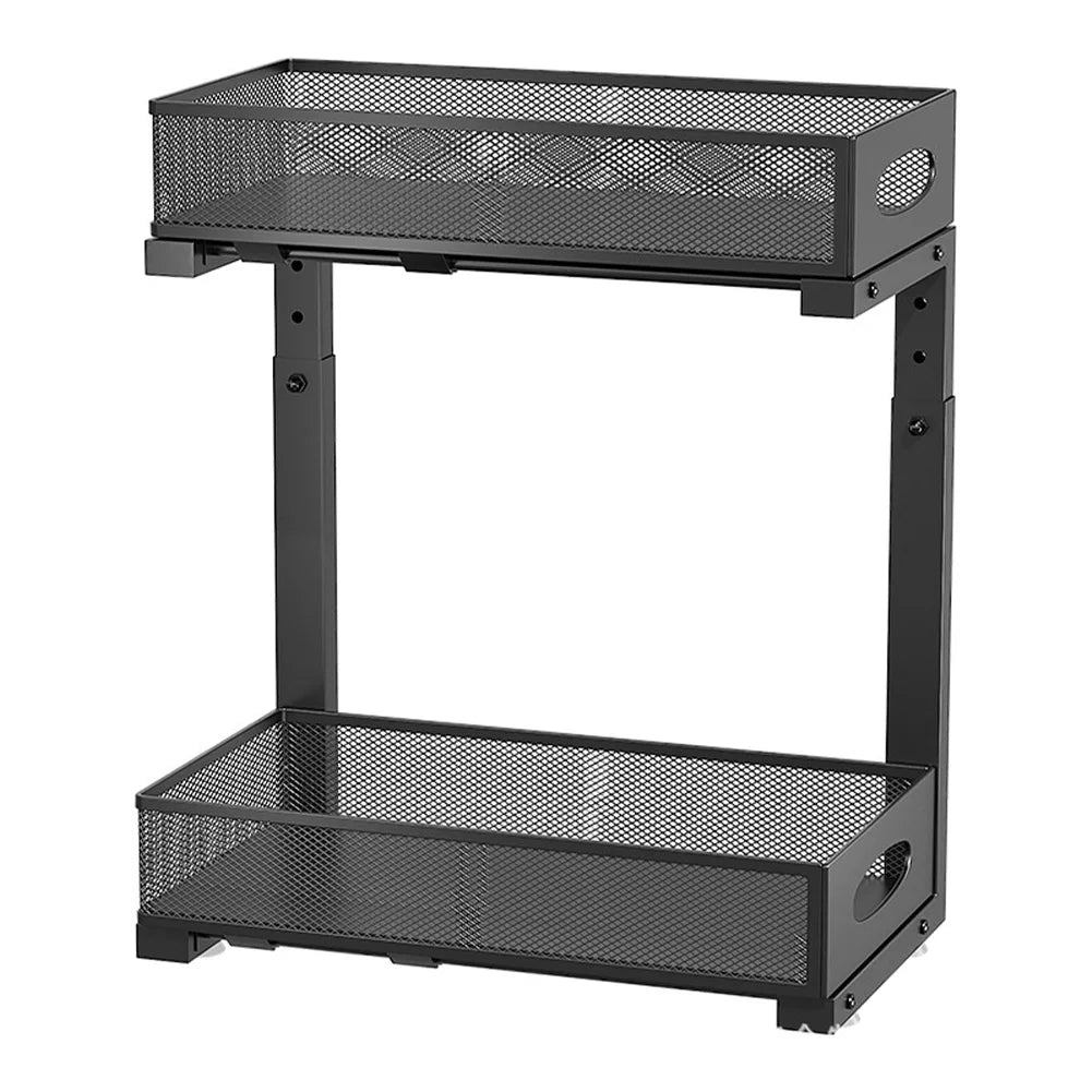 2 Layers Carbon Steel under Sink Storage Pull-Out Drawer Shelf Double-Layer Adjustable under Sink Storage Rack for Layered