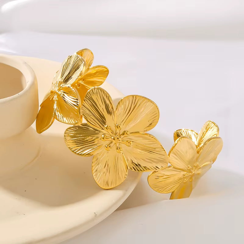 Trendy High Quality 18K Gold Plated Stainless Steel Flower Earrings Ring Bracelet for Women Waterproof Jewelry Set Gifts
