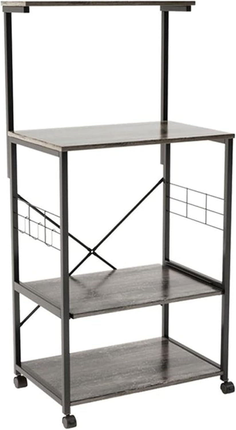 Bakers Rack Microwave Stand Rolling Cart on Wheels with Oven Mitts and 10 Side Hooks Kitchen Island with Storage Shelf Kitchen Organizer 4 Tier Shelves (Rustic Brown, Gray Duck Mitts)