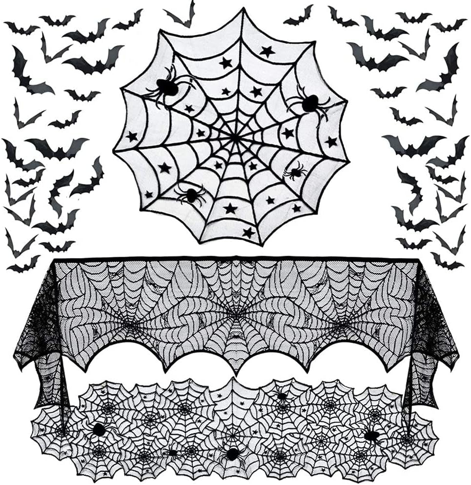 4 Pack Halloween Decorations Tablecloth Runner Black Lace round Spider Cobweb Table Cover Fireplace Mantel Scarf Spiderweb with 60 Pcs 3D PVC Scary Black Bat Sticker Halloween Party Supplies