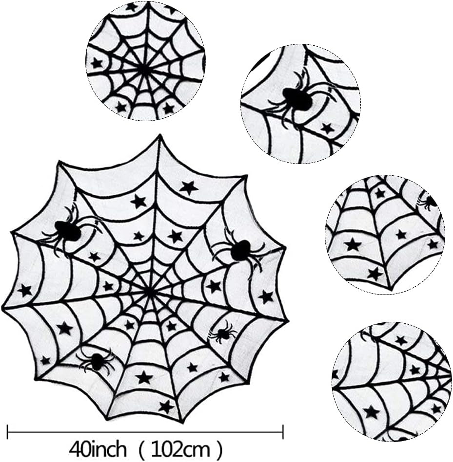 4 Pack Halloween Decorations Tablecloth Runner Black Lace round Spider Cobweb Table Cover Fireplace Mantel Scarf Spiderweb with 60 Pcs 3D PVC Scary Black Bat Sticker Halloween Party Supplies