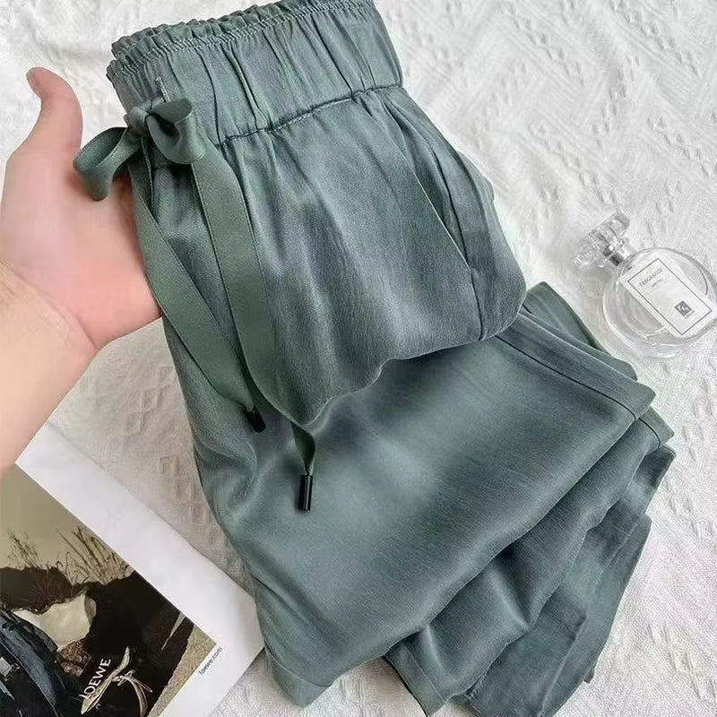 Acetic Acid Ice Silk Wide Leg Pants 2025 New Summer Thin Satin Casual Pants Women'S High Waisted Straight Leg Pants Long Trouser