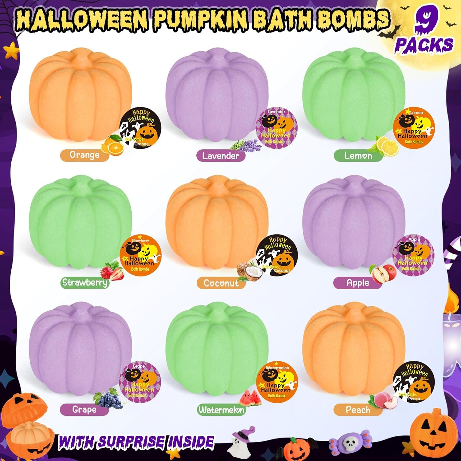 9 Pack Halloween Bath Bombs with Surprise Toys Inside, Halloween Pumpkin Bath Bombs for Kids, Halloween Party Favors for Kids Girls Boys, Halloween Treat Bags Gifts and Goodie Bag Stuffers