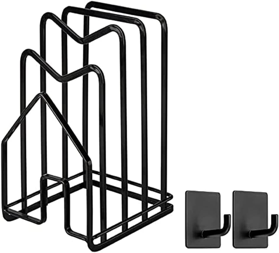 Cutting Board Holder Chopping Board Stand Rack W 2 Adhesive Hooks Pot Pan Lids Holder Kitchen Countertop Organizer Rack Black