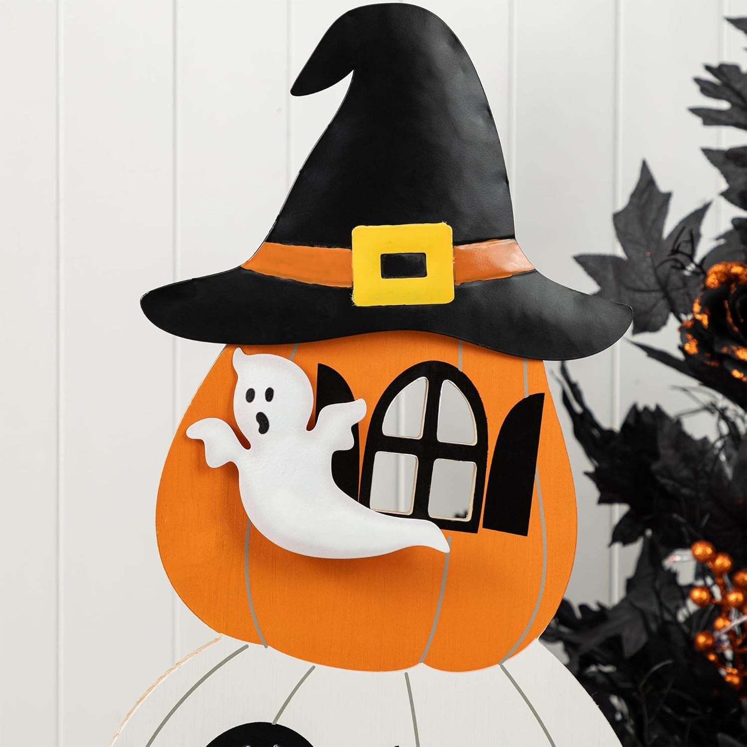 35"H Halloween Wooden Pumpkin Haunted House Porch Decor - Stacked Pumpkin with Witch Hat, Ghosts & Happy Halloween, Detachable Base for Easy Storage, Halloween Porch Sign Front Door Decor